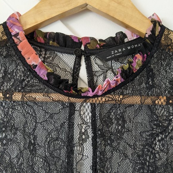 Zara black lace floral tiered ruffle boho dress M - Picture 3 of 11